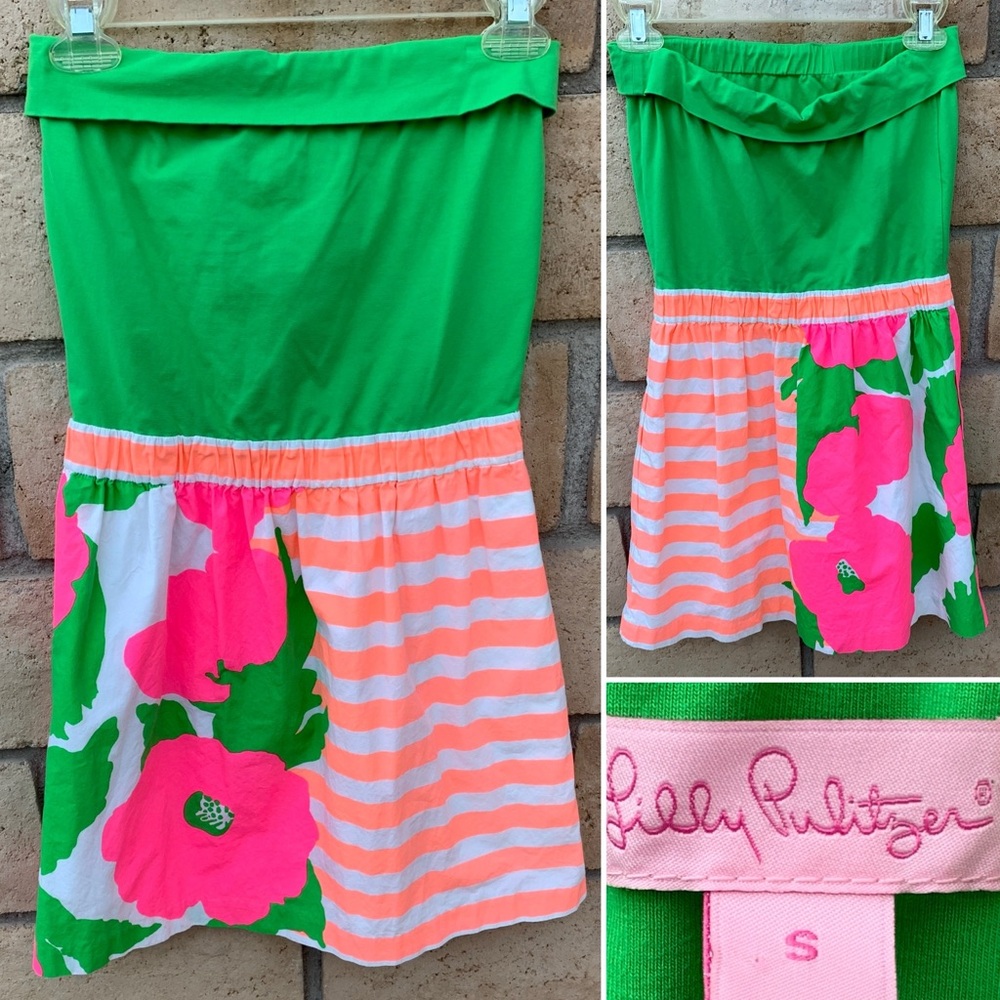 Lilly Pulitzer strapless dress with pockets colorful neon striped floral small